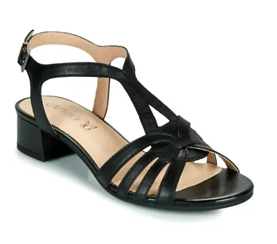 Caprice Womens UK 8 EU 42 Black Leather Low Block Heel Open Toe Sandals Shoes • £34.99