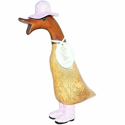 £54.11 • Buy DCUK Duckling Nora Spotty Pink Hat Wellies Natural Bamboo Wood Carved Duck 9 In