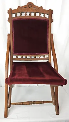 Antique Victorian Eastlake Era Carved Red Velvet Folding Chair~Campaign Style • $134.99