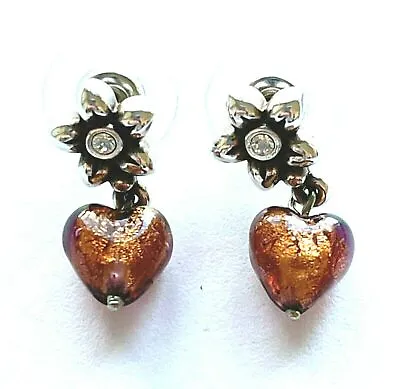 Silver Plated Flower Crystal Center With Drop Dangle Murano Glass Heart Earrings • $40