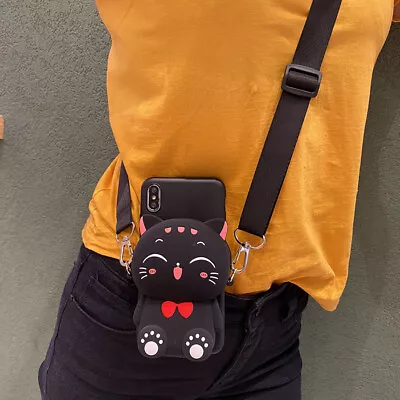 $9.86 • Buy For Various Phone Lucky Cat Cute Cartoon Wallet Purse +Strap Stand 3D Case Cover