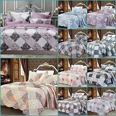 3 Piece Bedspread Printed Patchwork Quilted Bedspread Single Double King  Size • £23.99