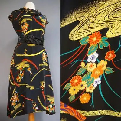 VTG Japanese Asian Print Rayon Dress Black Bright Yellow Floral Scarf Collar M • $89