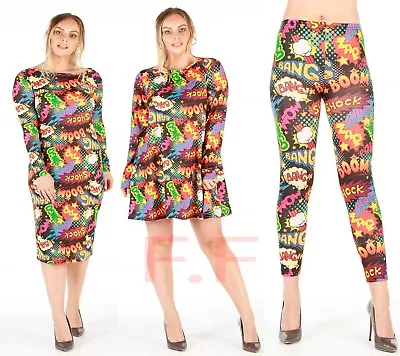 £10.99 • Buy New Womens Ladies Comic Cartoon Graffiti Bang Print Legging Swing Top Midi Dress