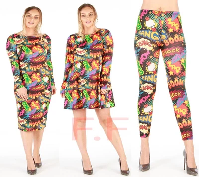 £10.99 • Buy New Womens Ladies Comic Cartoon Graffiti Bang Print Legging Swing Top Midi Dress