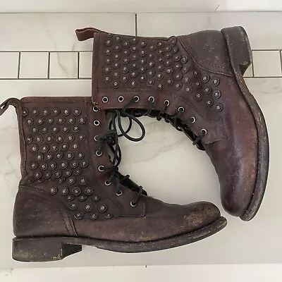 Frye Jenna Disc Boots Womens 11 B Brown Leather Studded Lace Up Distressed 76421 • $99.50