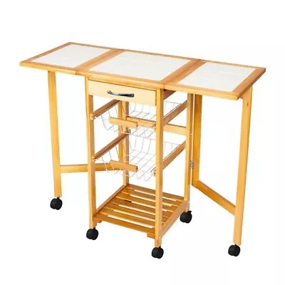 Portable Rolling Drop Leaf Kitchen Storage Trolley Cart Island Sapele Color • $76.49