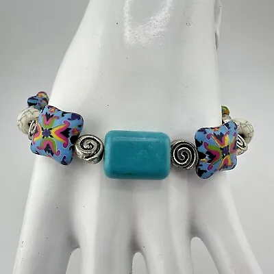 7.25” Viva Beads Handmade Multicolor Clay Faux Turquoise Glass Bead Bracelet • $10