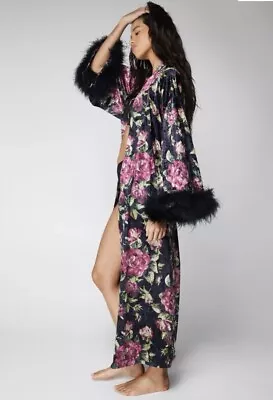 Nasty Gal Premium Floral Dressing Gown Feather Trim  Size Medium • £45