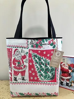 Vintage 1950 Christmas Santa Snowman Tree Bells Snow Scenes Tablecloth Tote Bag • $55