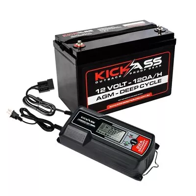 KickAss 12V 120Ah Deep Cycle AGM Battery With 22 AMP AC Charger • $379.95