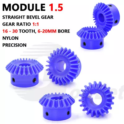 Module 1.5 Straight Bevel Gear 16 - 30 Tooth 1:1 Pairing 6-20mm Bore Nylon Blue • $5.85