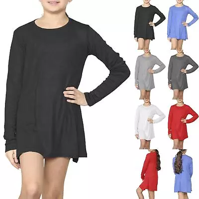Girls Kids Long Sleeve Plain Round Neck Flared Ribbed Swing Mini Dresses • £1.99