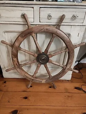 36  Steering Wheel Old Weathered Wood Wooden Brass Ship Boat Vintage Nautical • $145