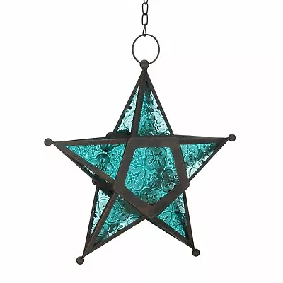 Hanging Glass Metal Five Pointed Star Candle Lantern Blue Clear Green Red • $22.99