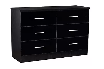 REFLECT 6 Drawer Chest Of Drawers In Gloss Black / Black Oak - Bedroom Furniture • £119.99