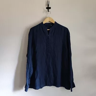 Women's Navy Linen Mandarin Collar Long Sleeve Shirt Pintuck Size XL Minimalist • $24.99