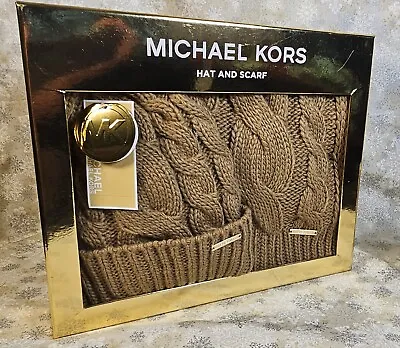 Michael Kors Hat & Scarf Boxed Set Cable Knit Camel Brown Warm & Cozy SHIPS FREE • $58.77