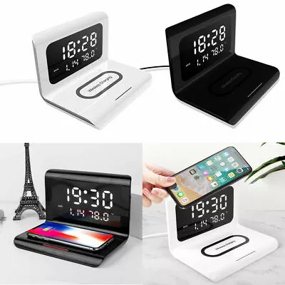 10W Wireless Charging Digital LCD Alarm Clock Charging Pad For Iphone Samsung • £15.29
