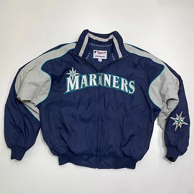 Vintage Seattle Mariners Majestic Bomber Jacket Mens L Blue Fleece Lined Zip MLB • $182.39