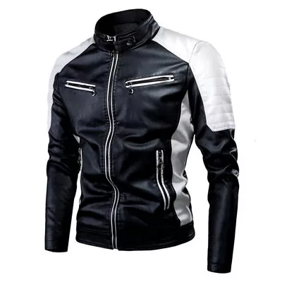 Mens Motorcycle Faux Leather Jacket Warm Zip Coat Fashion Machine Jackets Casual • $37.16