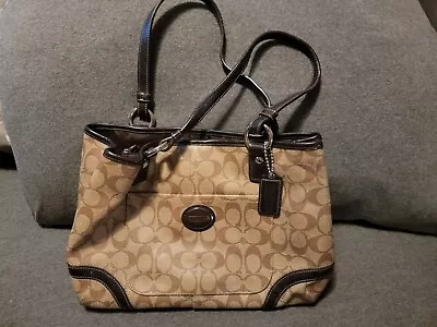 Coach Peyton (F18923) Brown Canvas & Dark Brown Patent Leather Satchel Handbag • $55