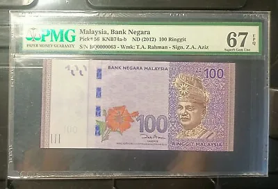 Malaysia Banknote Rm100 Pmg67epq Low Number Bq0000063 Zeti Gabenor • $118