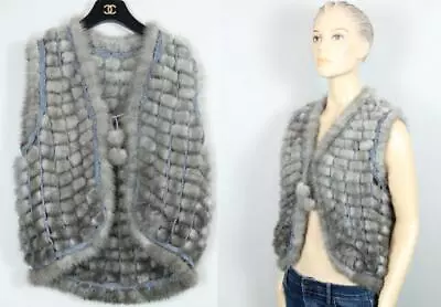 Vtg Silver Gray Genuine Mink Fur Pom-Pom Tie Front Sleeveless Jacket Vest S/M • $34.99
