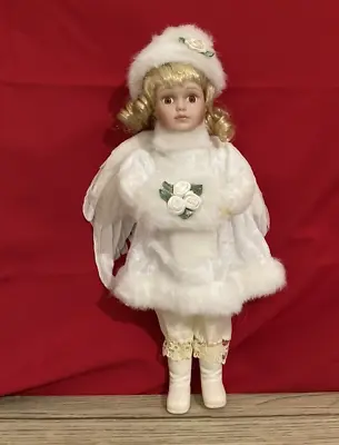 Vtg Victorian Porcelain Angel Doll Figurine Feather Wings Muff Blonde Curls 10” • $24.57