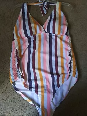 MOTHERHOOD MATERNITY XL One Piece Swimsuit Ruched Sides Halter Tie EUC • $11.99