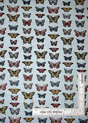 Butterfly Butterflies Monarch Blue Cotton Fabric Makower Vintage Journal  - Yard • $10.91