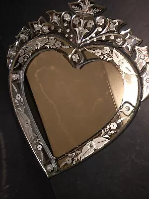 Vintage Antique Venetian Etched And Beveled Heart Wall Mirror Floral Flower • $599