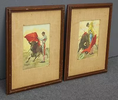 Pair Vintage Spanish Bullfighters Watercolor Signed Paintings Picture By J. Reus • $1320