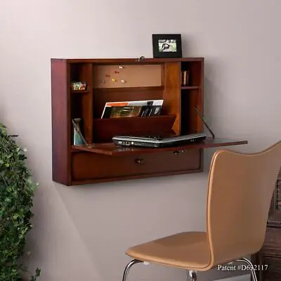 Space Saver Wooden Wall Mount Fold Out Floating Desk W/Shelves Cubbies Drawer • $189.60