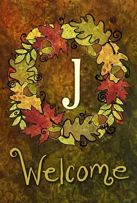 WELCOME Fall Leaves Acorns Wreath Monogram Initial  J  Garden Flag - 12.5 X18   • $5.06