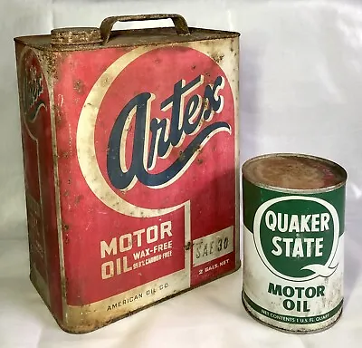 Vintage Lot ARTEX 2 Gallon Tin & Quaker State Motor Oil Can • $35.95