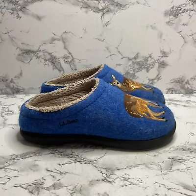 LL Bean Women 8 Daybreak Scuffs Slippers Blue Wool Deer Motif Comfort Slip On • $34.99