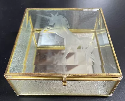 Vintage Glass Etched Unicorn Trinket Box Brass W/Mirror 5 X5  • $14.99