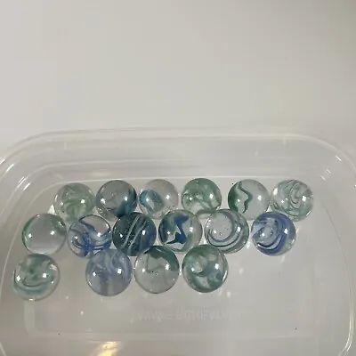 Glass Marbles Vintage Swirl Cats Eye Shooters 7/8 Blue Green White Lot Of 16 • $19.95