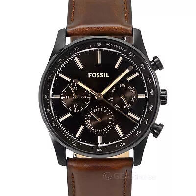 FOSSIL Sullivan Mens Multifunction Watch Black Dial Day Date Brown Leather Band • $74.90