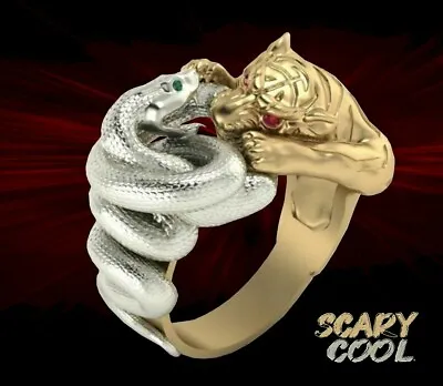 New Snake Tiger Fighting Gold Biker Gothic Silver Mens Ring  • $10.95