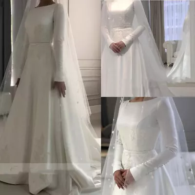 Muslim Wedding Dresses Long Sleeves Lace Appliques A Line White Bridal Gowns • $153.60