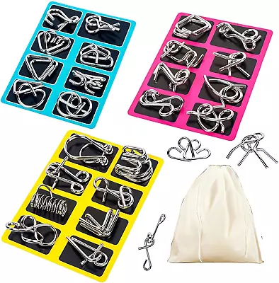 Metal Wire Puzzle Set Of 24 With Pouch Brain Teaser IQ Test Disentanglemen Iron • $14.99