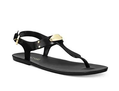 Women Michael Kors MK Plate Jelly Flat Buckle Up Sandals PVC Black • $49.99