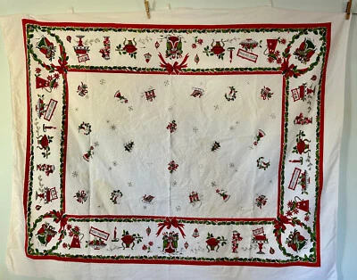 $32 • Buy Vintage Christmas Tablecloth 1950s 61 X 49 Carolers Holly Noel Angel Ornaments