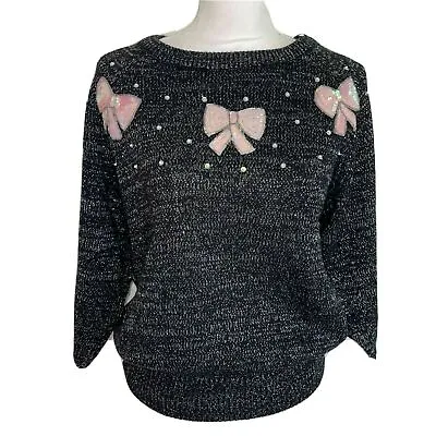 Vintage Nuggets Womens Sweater Black Size Large Silk Blend Bows Metallic Knit • $43.39