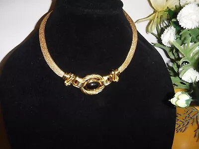 Vintage Christian Dior Mesh Collar Necklace Etruscan Design Faux Onyx Gold Plate • $488.75