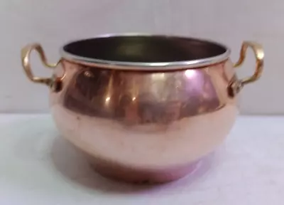 Small Vintage Copper Pot Planter Container Décor W/ 2 Brass Handles 5.5  X 3.5  • $29.99