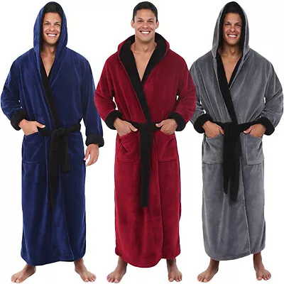 Mens Soft Hooded Long Bathrobe Coat Winter Warm Bathrobe Towelling Bath Robe UK • £9.99