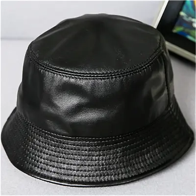 Fashion Men Women Genuine Leather Bucket Hat Sheepskin Black Fisherman Cap • $26.31